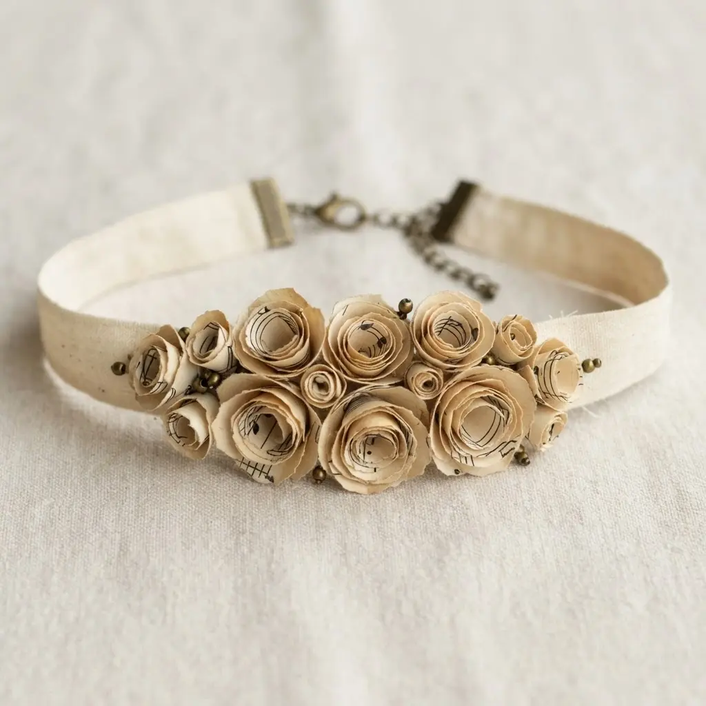 A close-up of a fabric choker adorned with delicate flowers rolled from vintage sheet music paper.