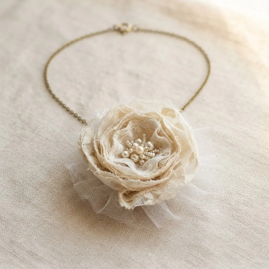 An ethereal necklace with multiple layered flowers crafted from ivory lace and sheer white tulle.