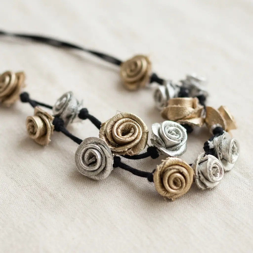 A modern necklace with several rolled roses made from metallic gold and silver faux leather material.