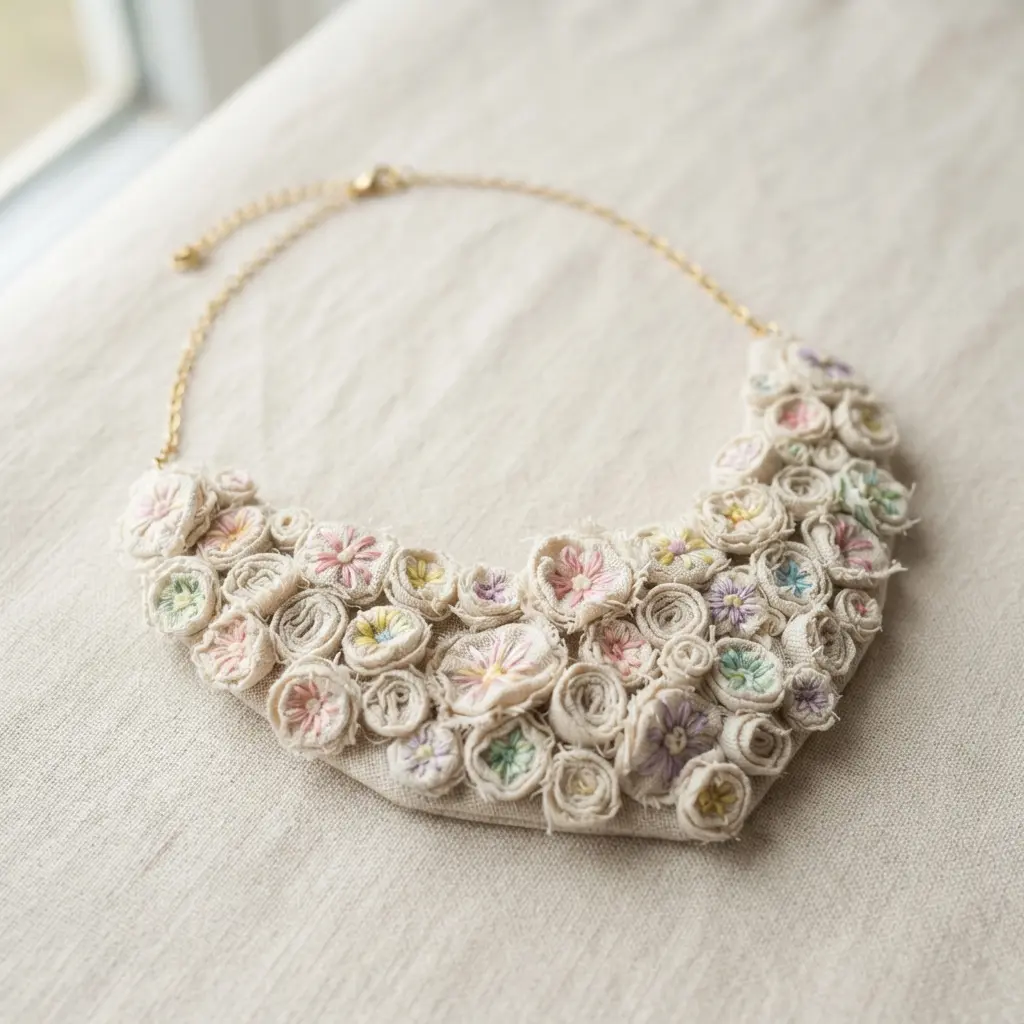 A detailed bib necklace featuring a cluster of tiny rolled flowers made from cream-colored embroidered linen.