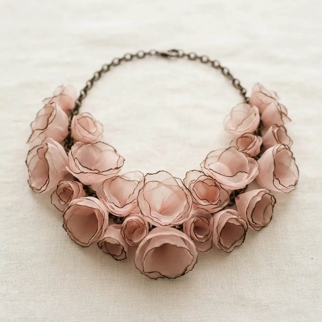 A vintage-style collar necklace with sheer organza flowers that have delicately burned, curled edges.
