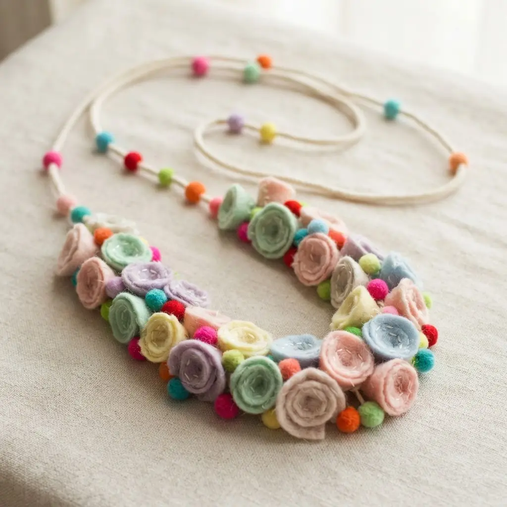 A playful, long lariat necklace with soft felt rolled flowers accented by tiny colorful pom poms.
