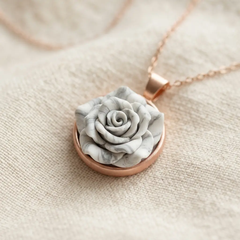 A unique pendant necklace with a central rose made from white and gray marble-effect polymer clay.