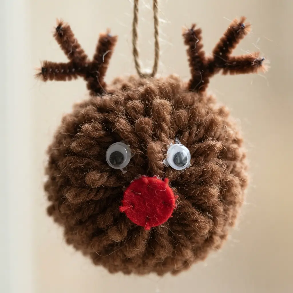 A close-up of a soft brown pom-pom ornament with large googly eyes and a bright red felt nose.