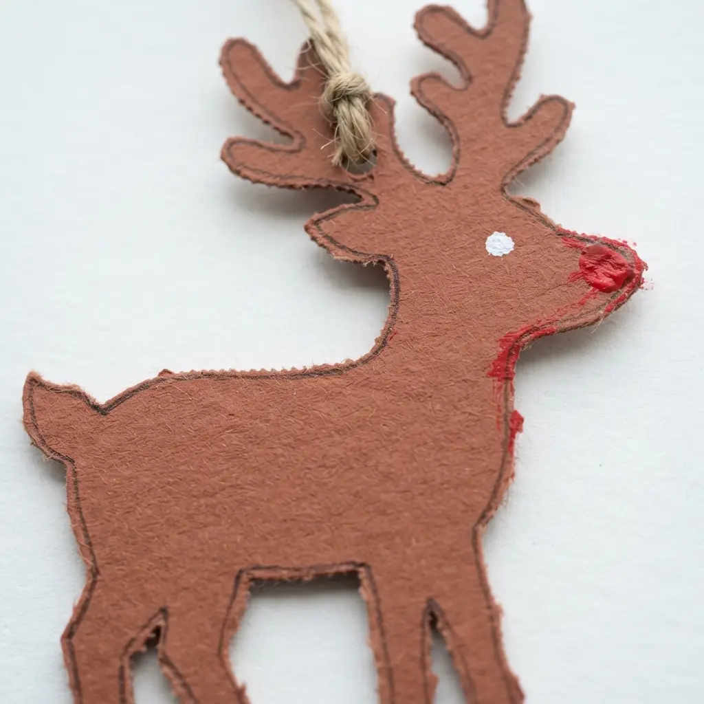 A flat brown cardstock ornament in the shape of a reindeer with a red paper nose.