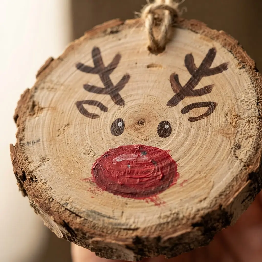 A natural wood slice ornament with a painted brown reindeer face and a red dot nose.