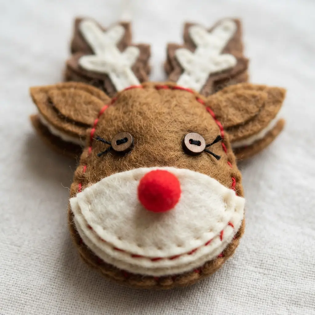 A brown felt reindeer ornament with white button eyes and a prominent red felt nose.
