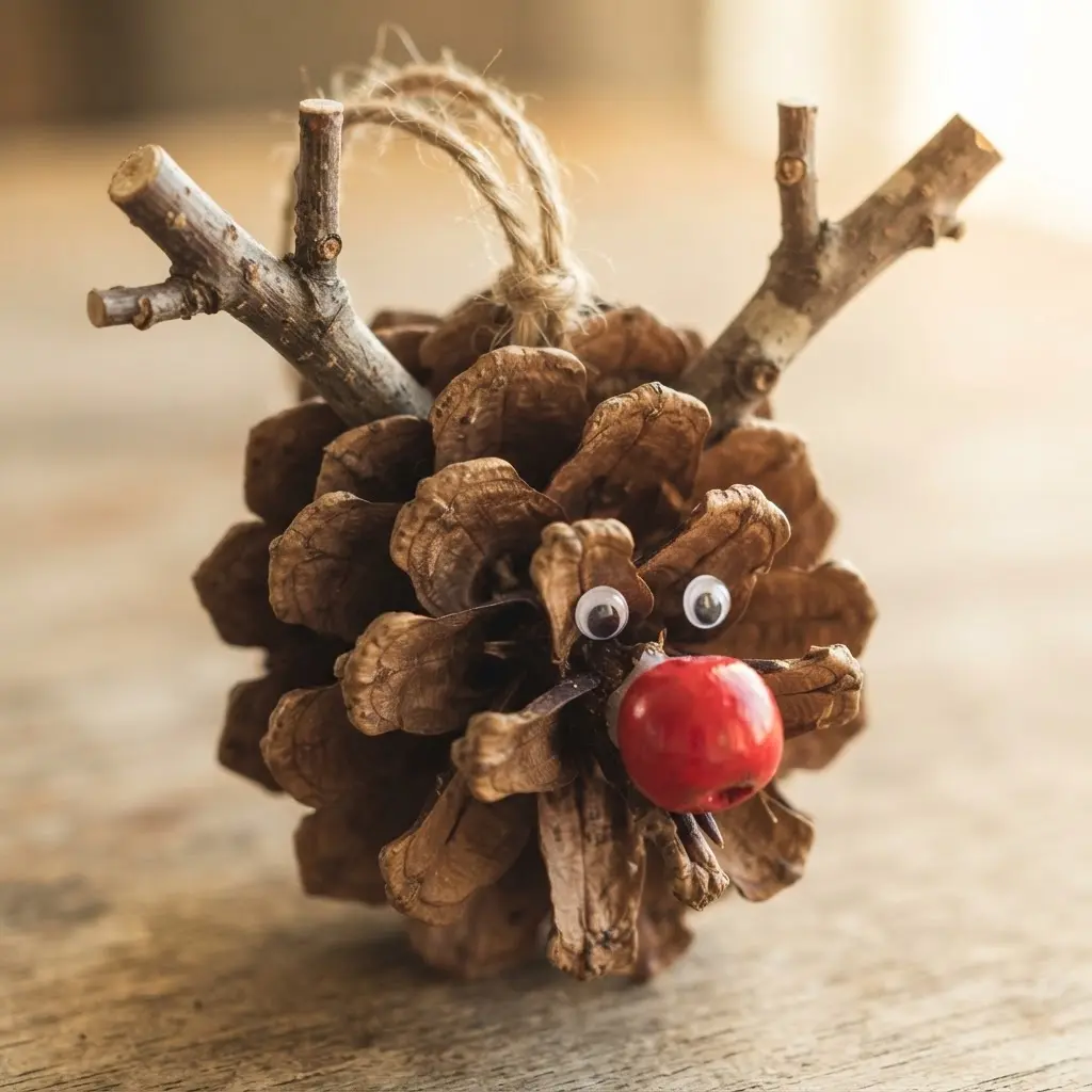 A pinecone body with small twig antlers, a red bead nose, and felt ears.
