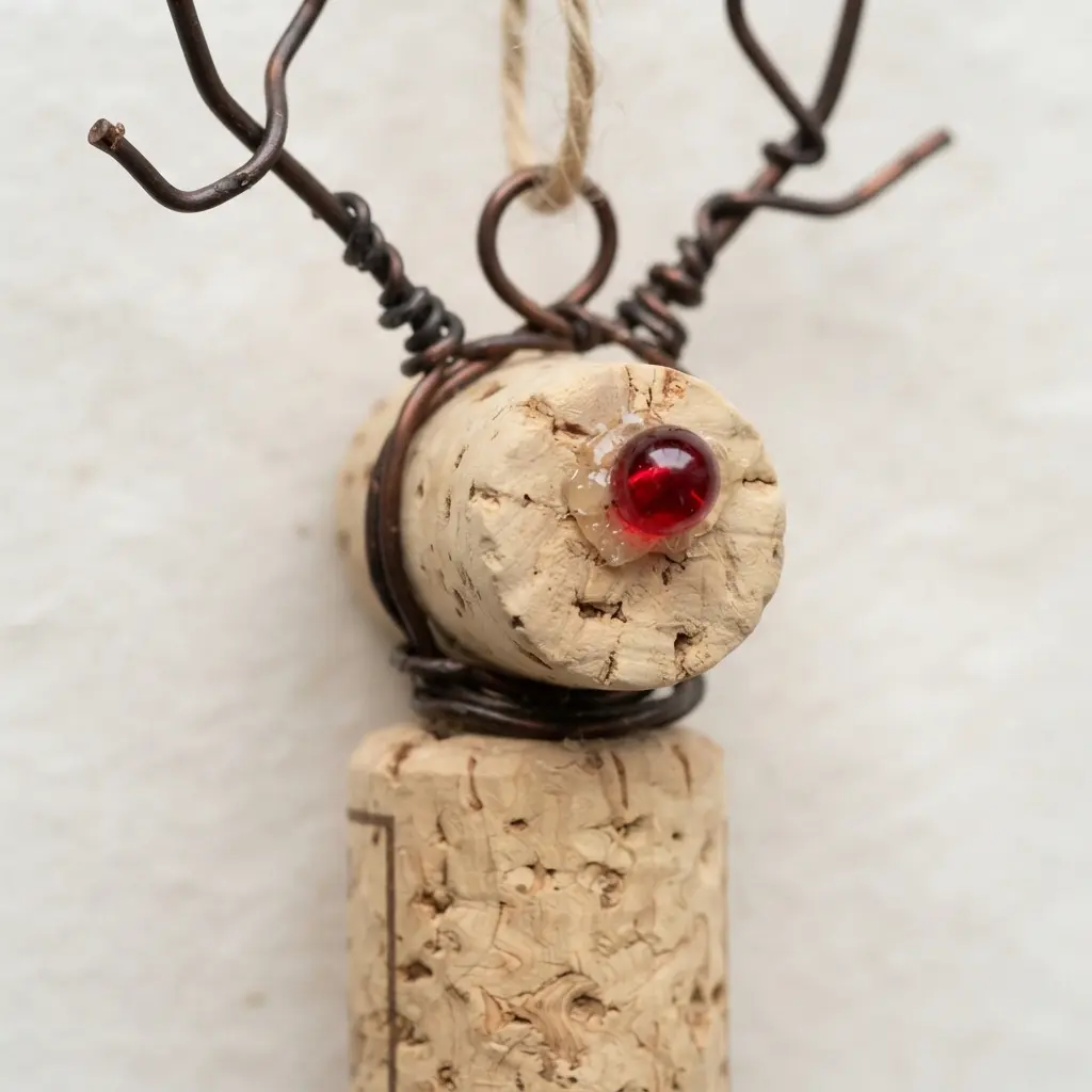 A simple reindeer figure made from a wine cork with pipe cleaner antlers and a red nose.