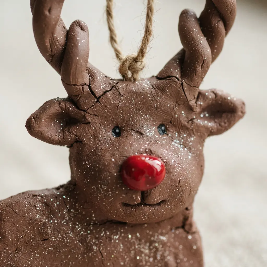 A molded clay reindeer face ornament covered in brown and red glitter.
