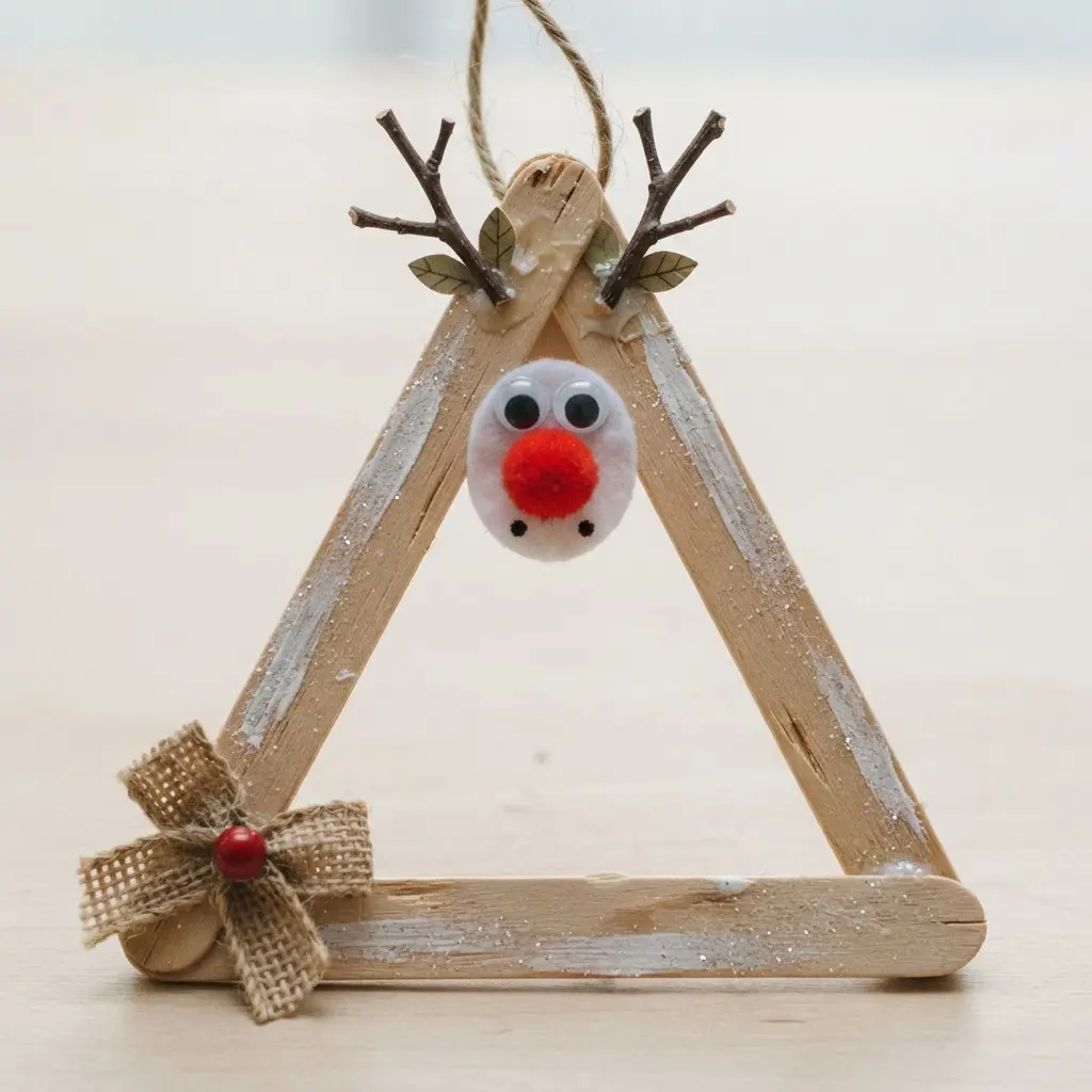 A square frame made from popsicle sticks forming a reindeer silhouette with a red nose.