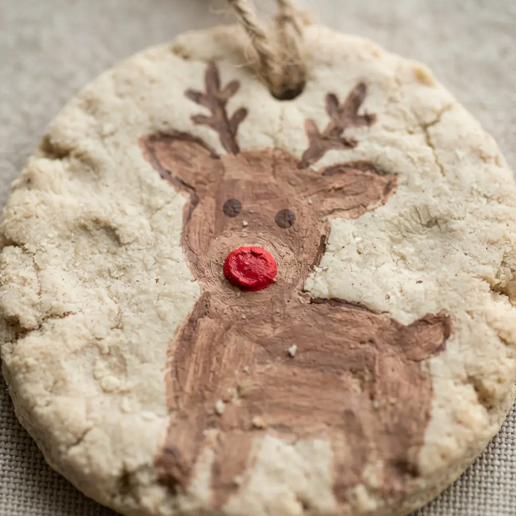 A light brown salt dough ornament imprinted with a reindeer face and painted details.