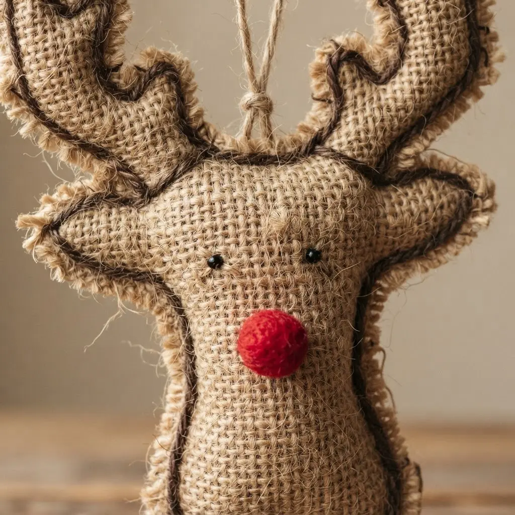 A reindeer head form wrapped in tan burlap with antlers and a red button nose.