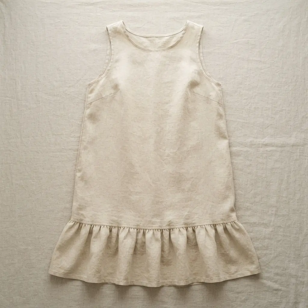 A cream-colored linen tank dress with a soft, gathered ruffle along the bottom hem.