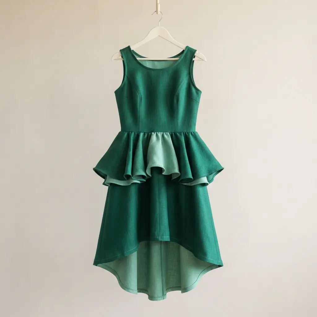 A fitted tank dress with a attached peplum ruffle that is shorter in the front and longer in the back.