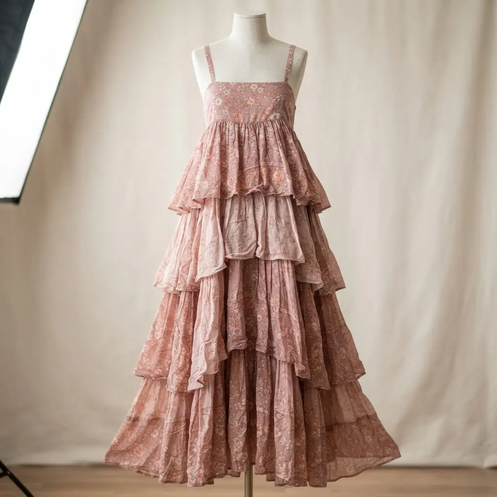 A lightweight maxi dress in a floral print with cascading tiers of ruffles from the bodice to the hem.