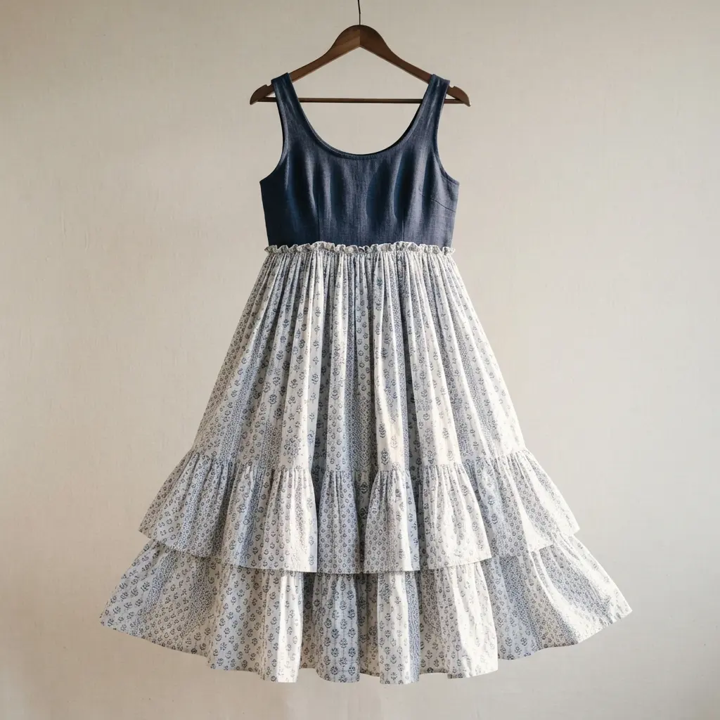 A dress with a fitted tank bodice, a seam under the bust, and a voluminous, gathered skirt with a ruffled hem.