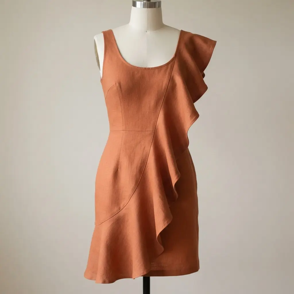 A fitted tank dress with a single, dramatic circular flounce attached diagonally from hip to hem.