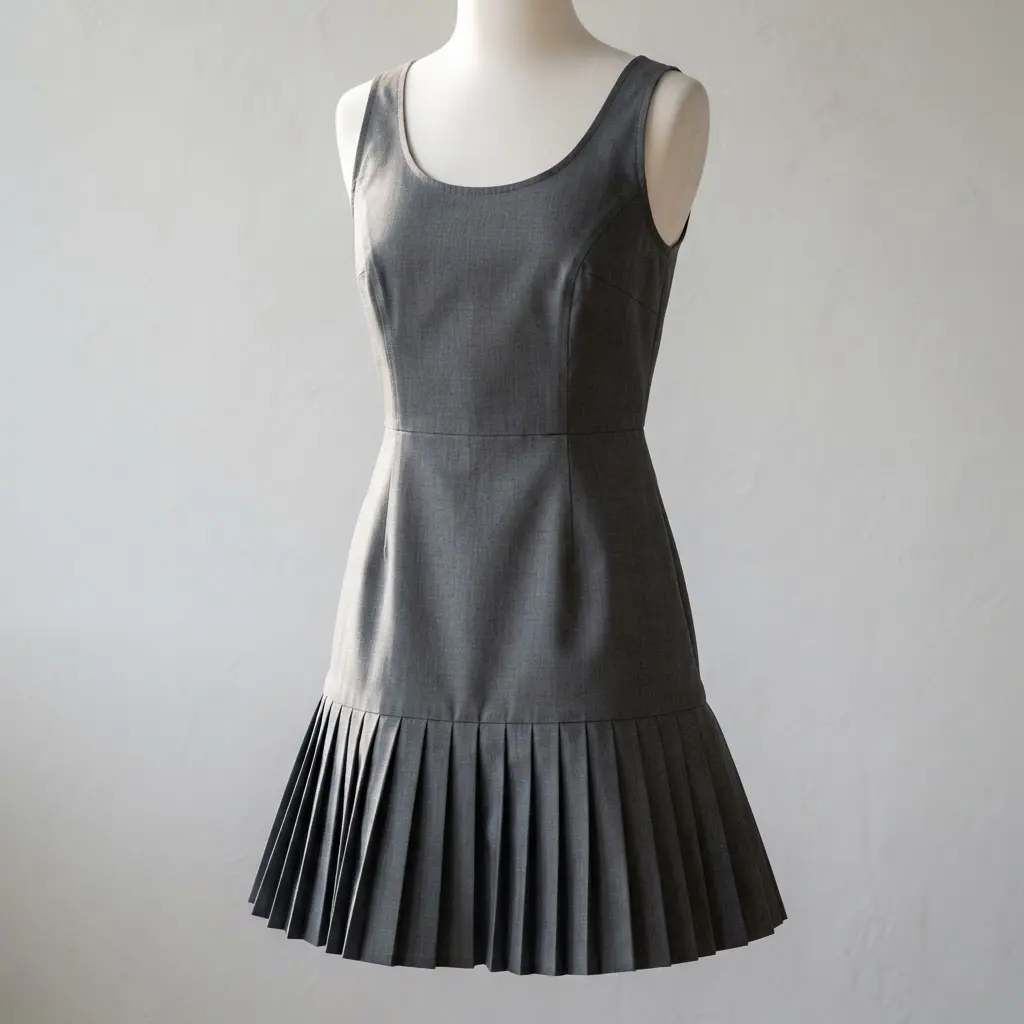 A tailored cotton tank dress with a wide band of sharp, uniform knife pleats forming the lower ruffle.