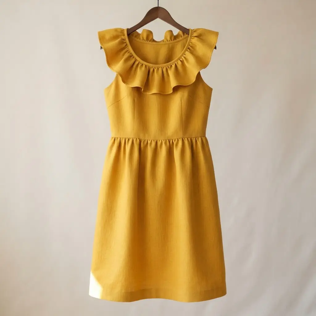 A knee-length tank dress with a large, stand-alone circular ruffle attached around the neckline.