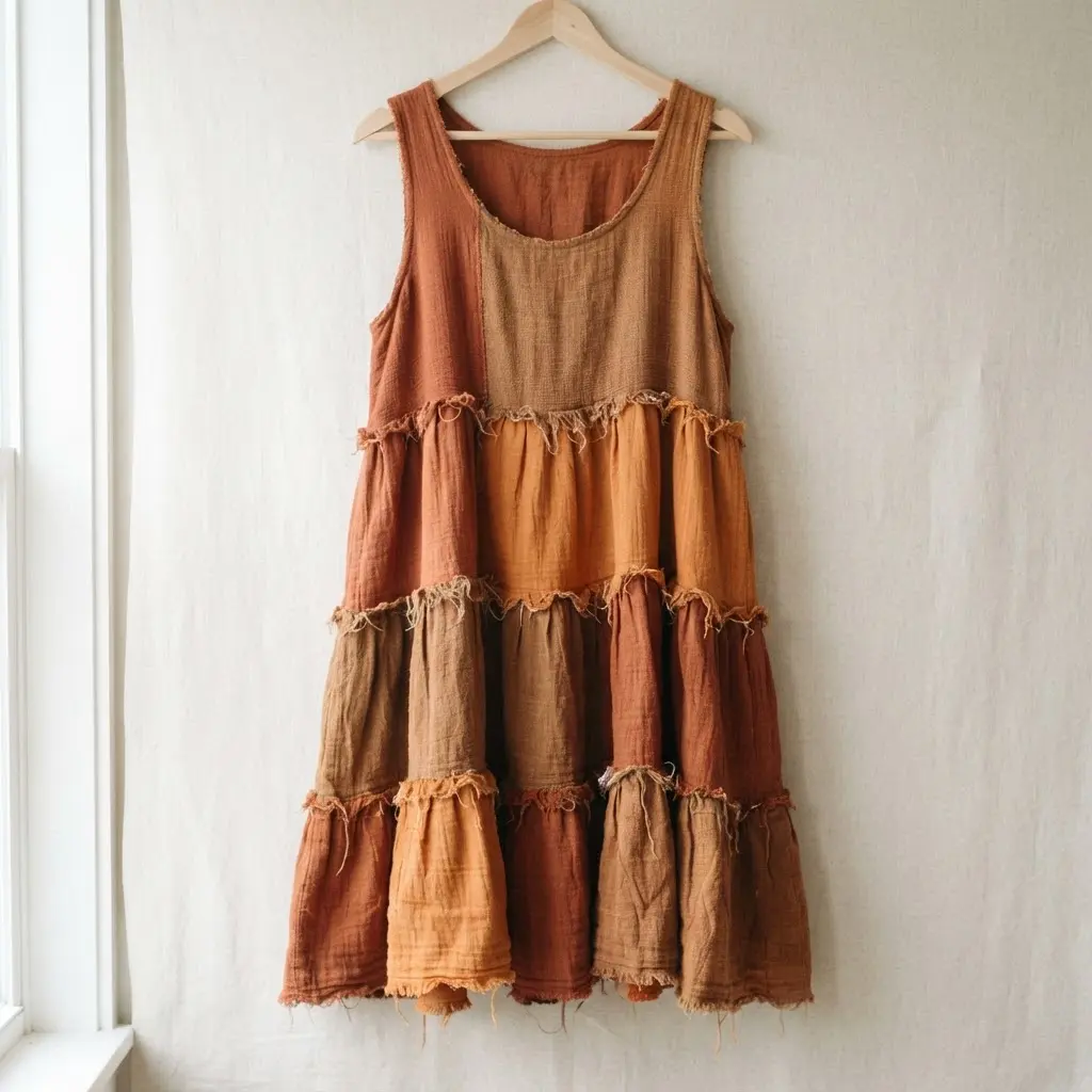 A loose, bohemian-style tank dress with several tiers of ruffles featuring intentionally frayed, raw fabric edges.