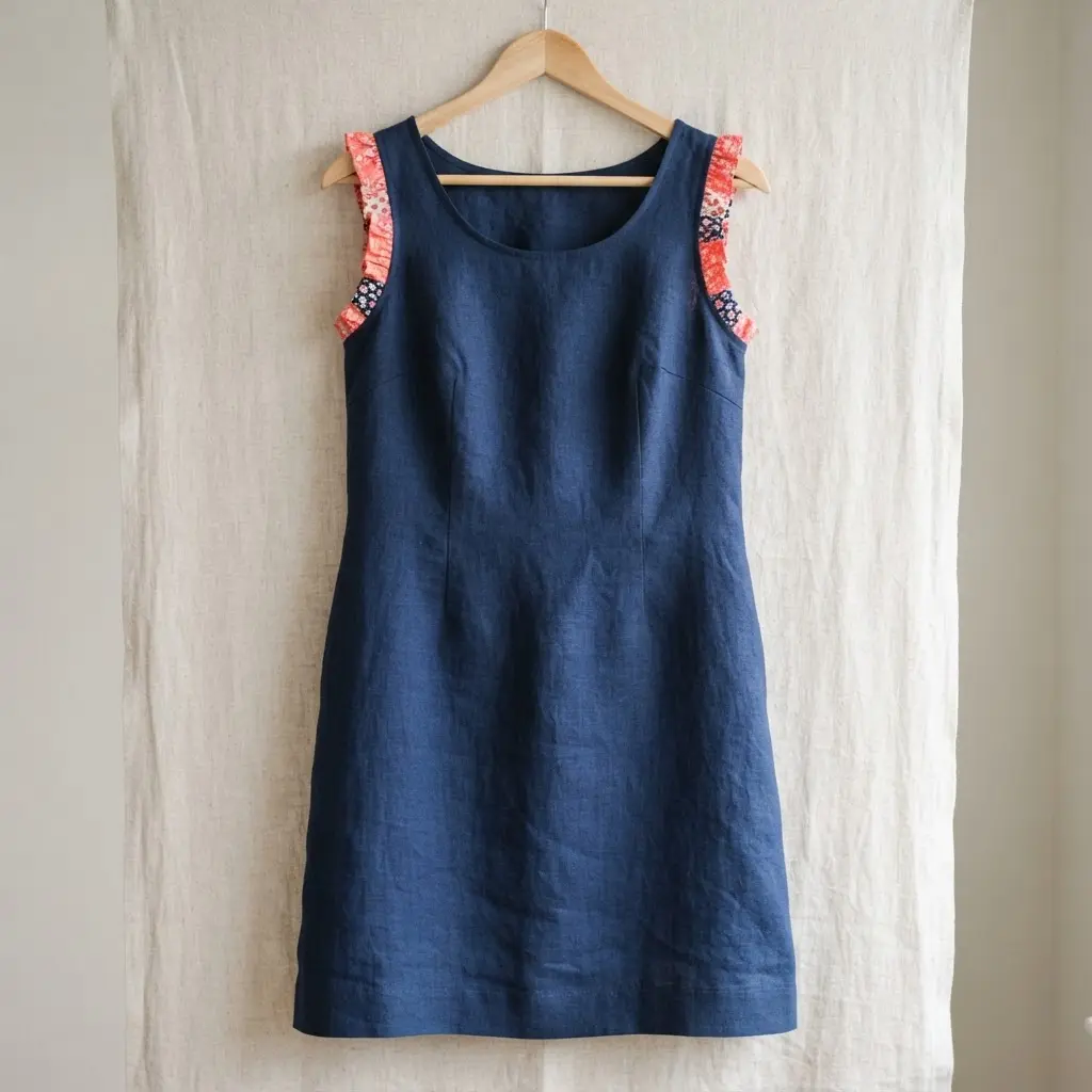 A navy blue tank dress with small, delicate ruffles at the armholes made from a bright, patterned fabric.
