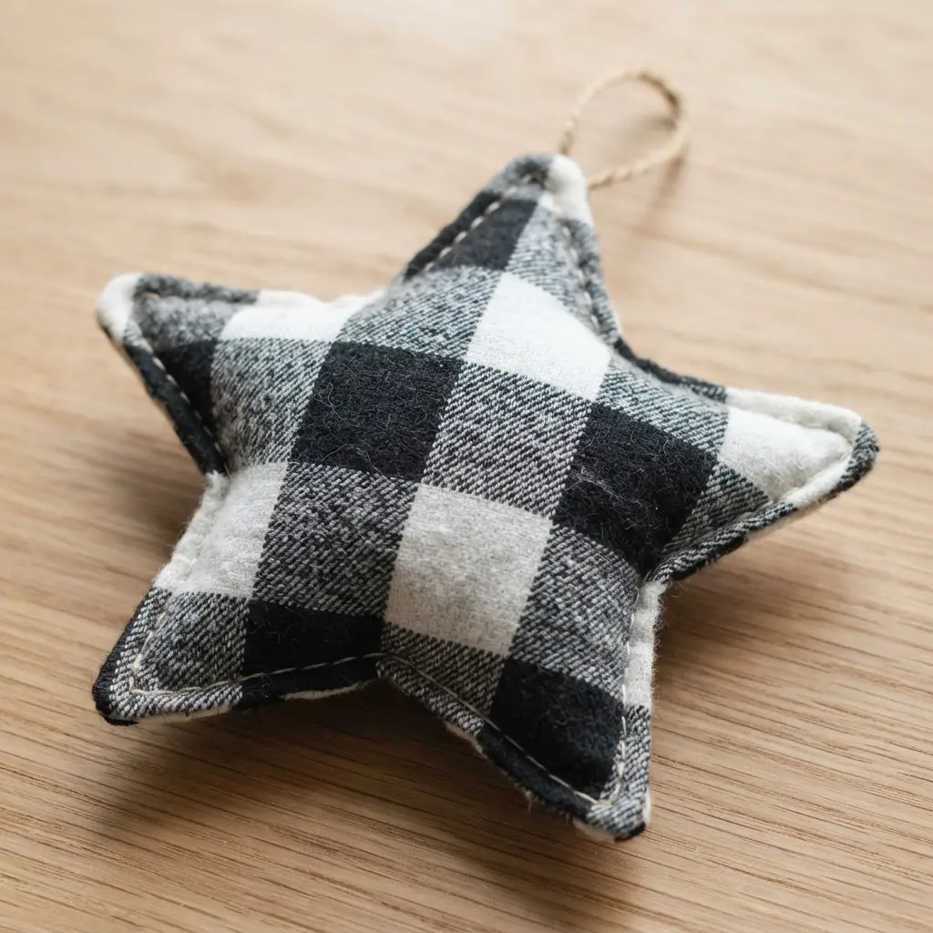 A plump, five-pointed star ornament made from black and white buffalo check flannel fabric.