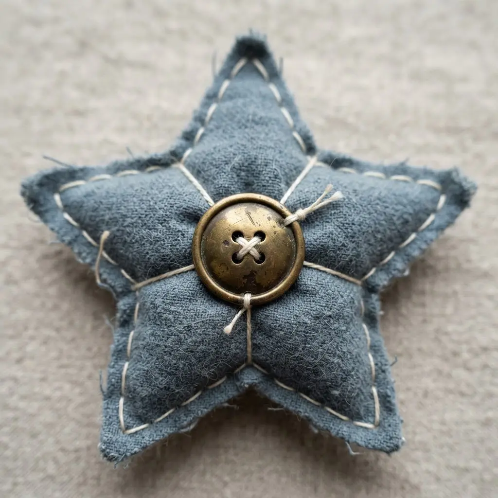 A flat, two-layer flannel star ornament with a large, distressed metal button sewn at its center.