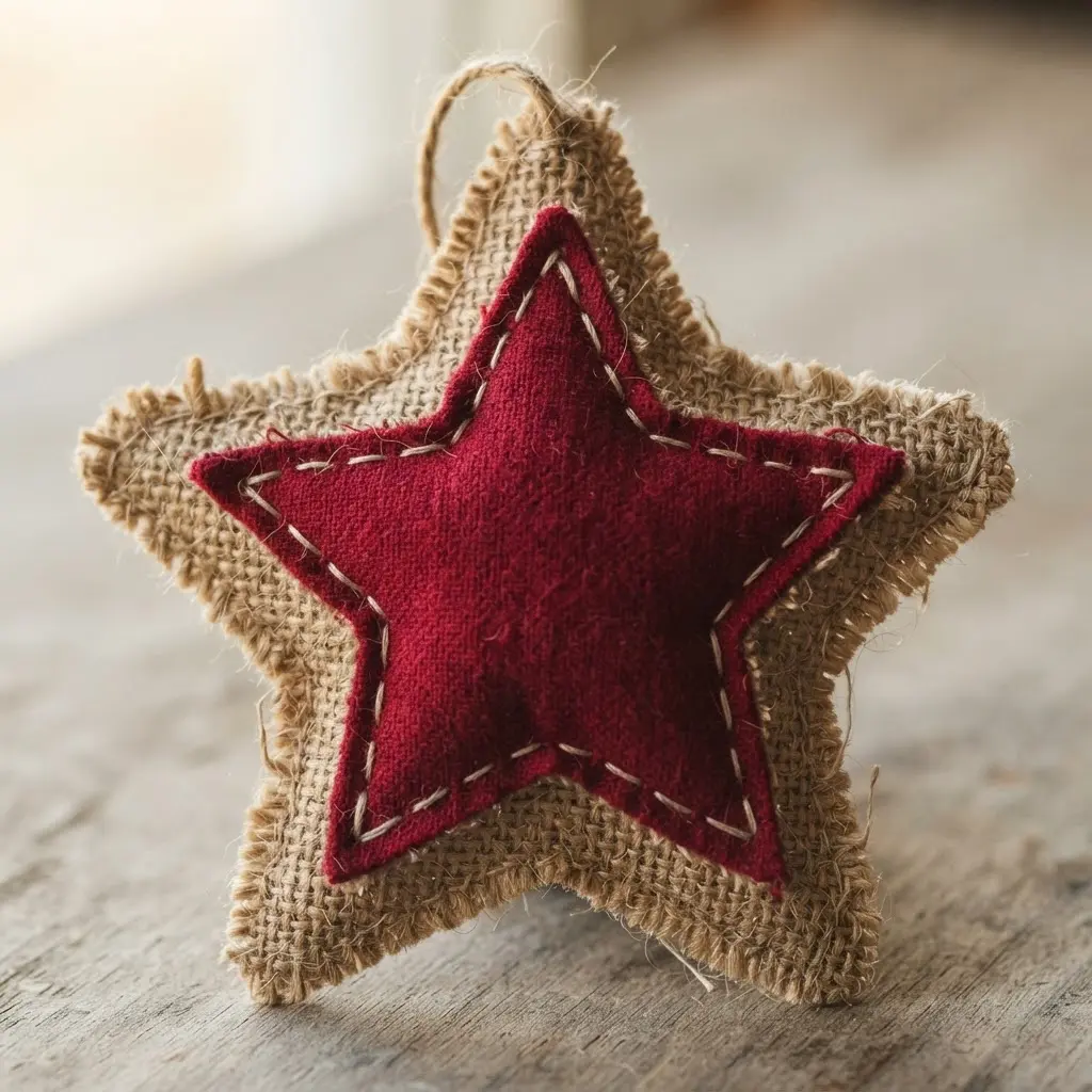 A layered star ornament featuring a red flannel star appliquéd onto a natural burlap backing.