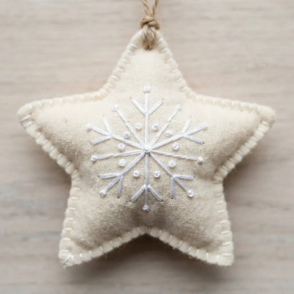 A cream-colored flannel star ornament decorated with delicate white embroidered snowflake designs.