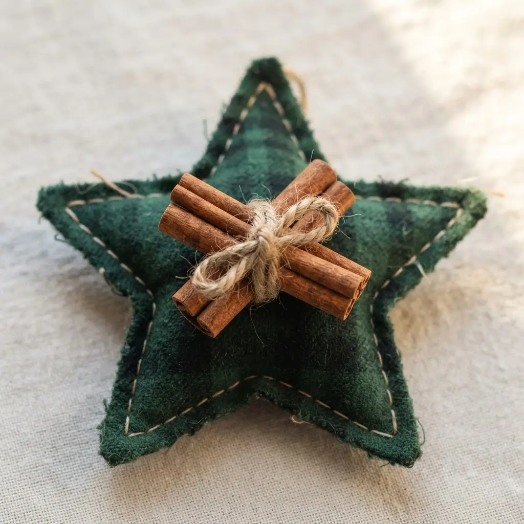 A forest green flannel star ornament with a bundle of cinnamon sticks tied to its center with jute twine.