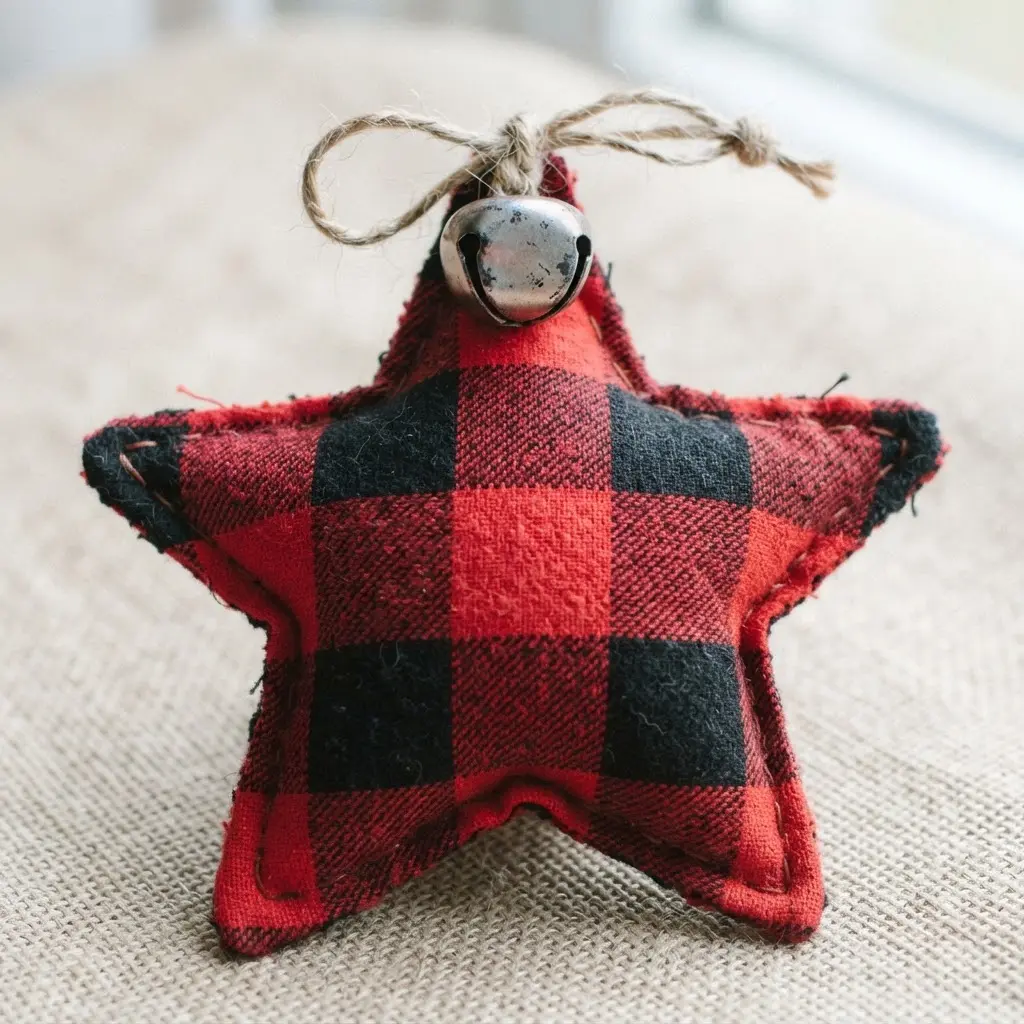 A red flannel star ornament topped with a single silver metal jingle bell attached with twine.