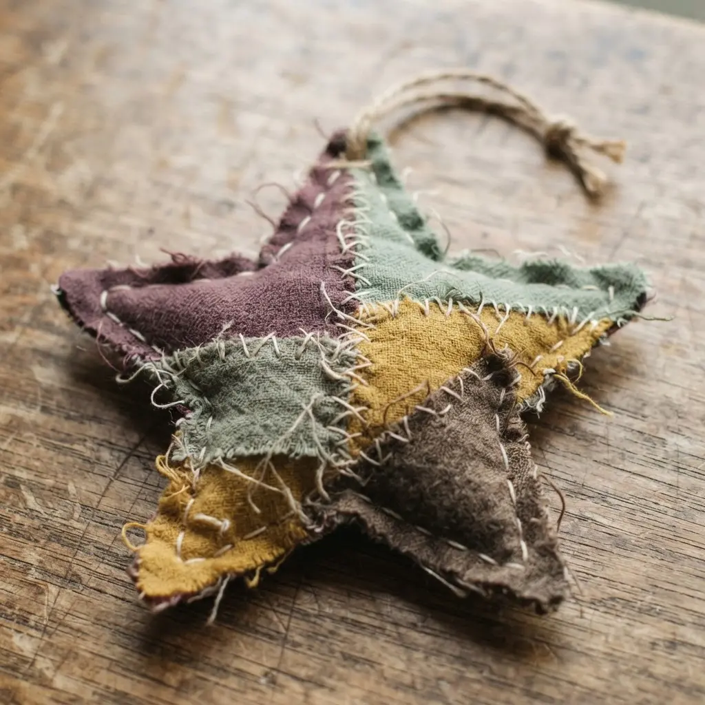 A multi-colored star ornament constructed from different flannel fabric scraps, showcasing intentionally frayed edges.