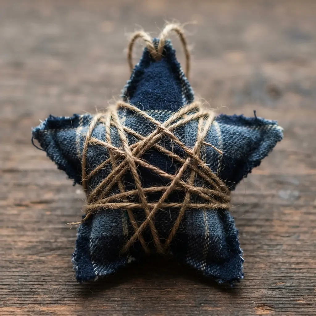 A small, flat-cut flannel star ornament tightly wrapped with crisscrossing patterns of brown jute twine.