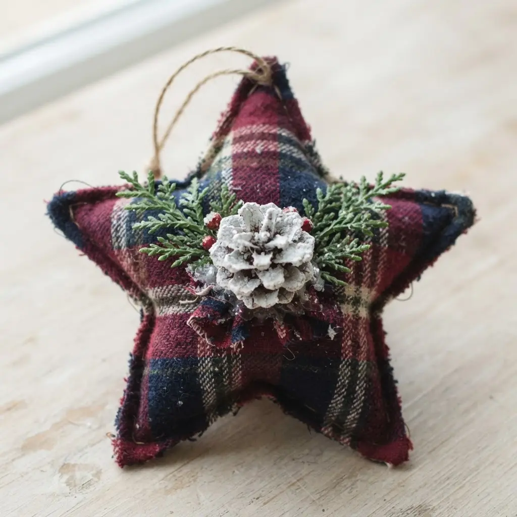 A tartan plaid flannel star ornament adorned with a small, frosted pinecone and sprigs of faux greenery.
