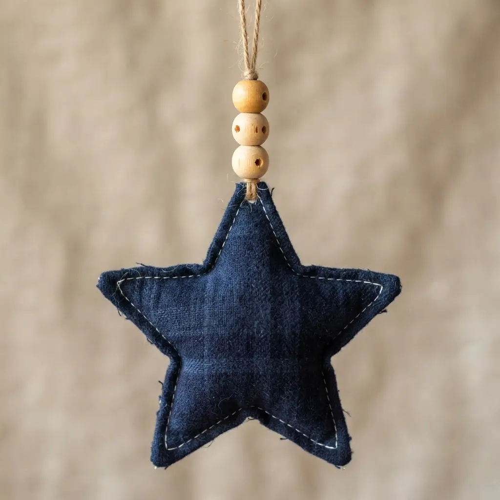 A navy blue flannel star ornament featuring a rustic hanging loop made from several natural wood beads.