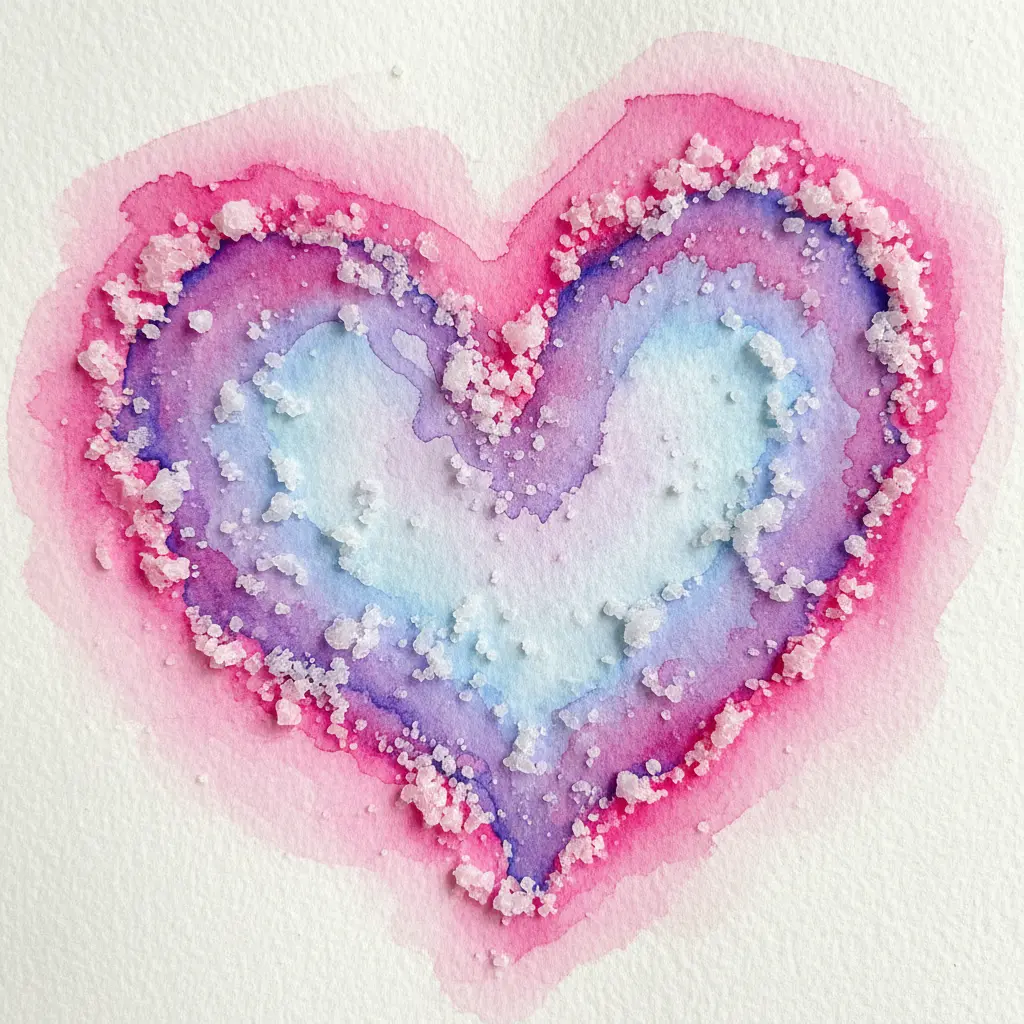 A rainbow heart shape with abstract swirls made of raised salt lines, colored with bright watercolors bleeding into the crystals.