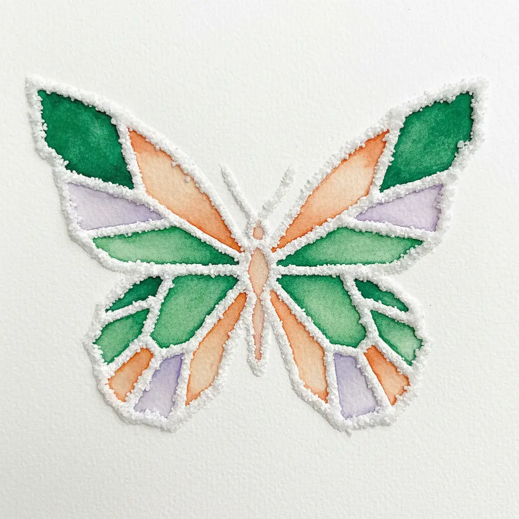 A butterfly with mosaic-style wing segments made of salt lines, each segment filled with different bright watercolor shades.