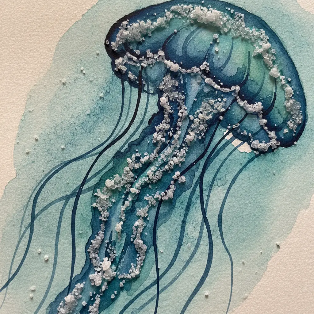 A jellyfish with long, wavy tentacles created from salt lines on thick paper, colored in deep blue and teal watercolors.