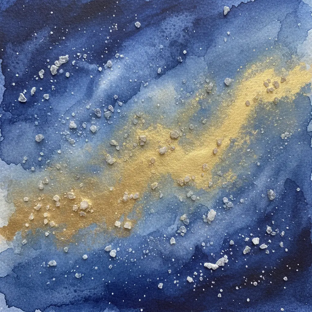 A night sky landscape with salt-textured stars and a shimmering gold wash over the raised salt lines, resembling a glowing night scene.