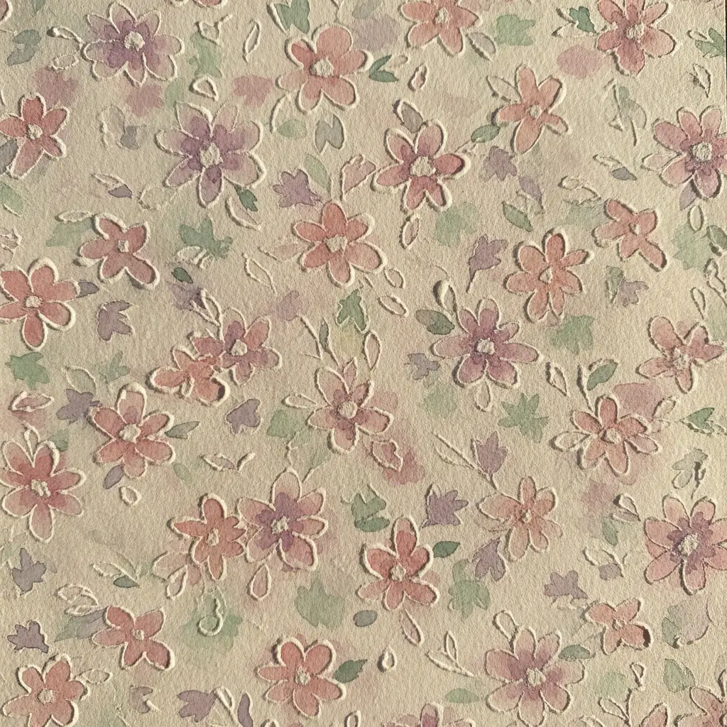 A pattern of small flowers and leaves formed by salt lines, colored with pastel watercolors that blend softly across the textured surface.