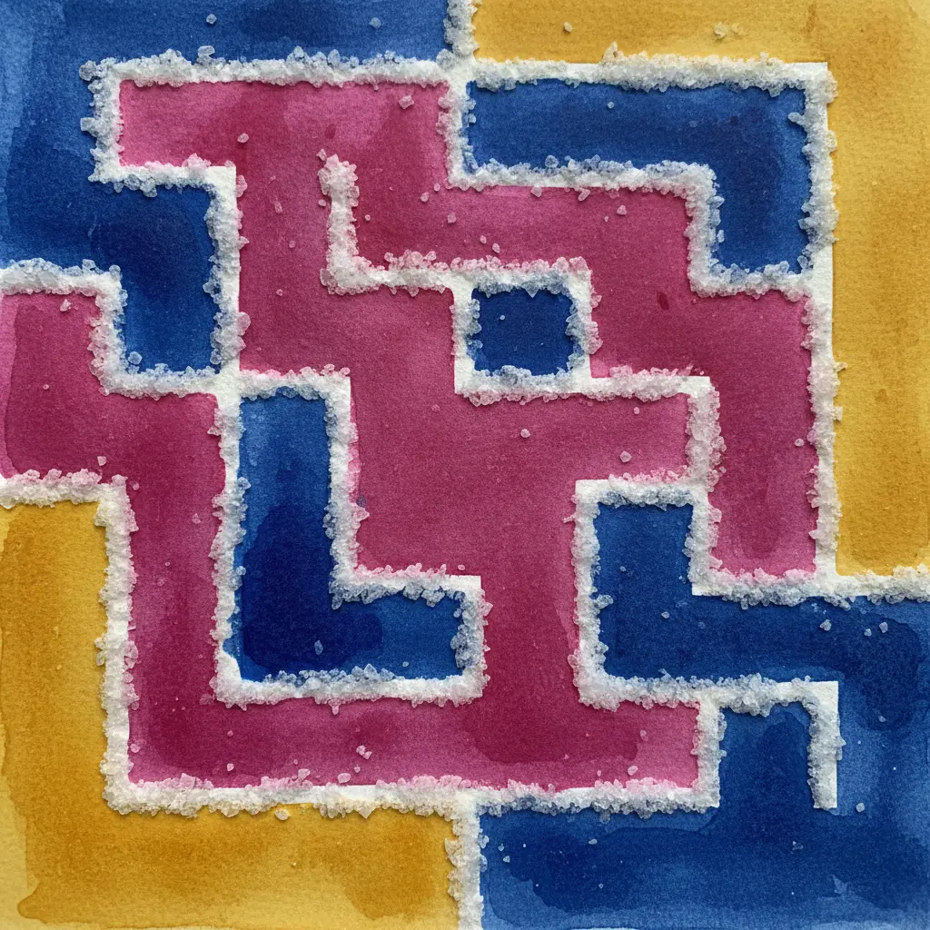 A maze-like geometric pattern of intersecting salt lines, colored with contrasting watercolors that highlight the crystalline texture of the salt.