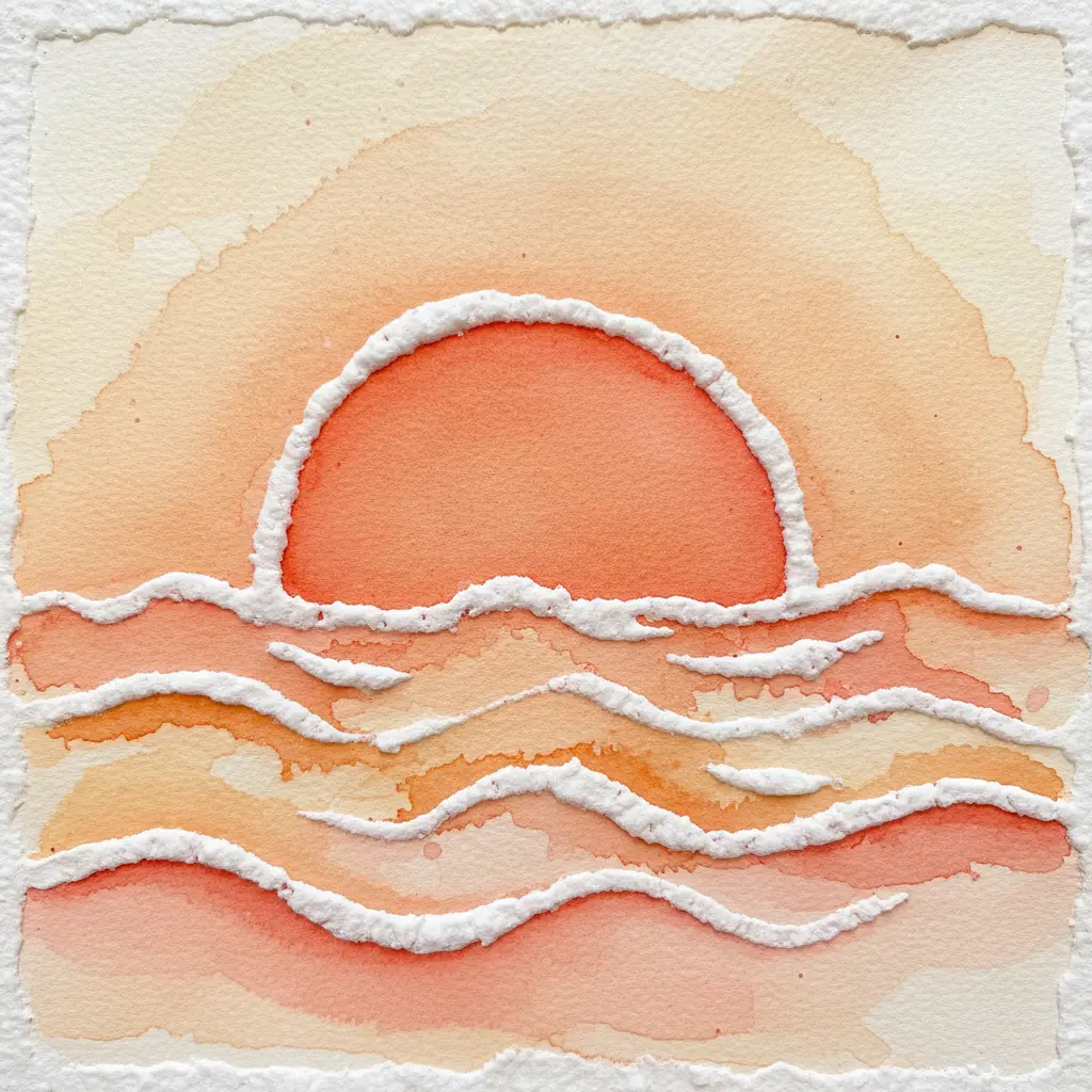 A tropical scene showing a large sun setting over the ocean, with salt lines forming the sun and waves, colored in warm oranges and yellows.