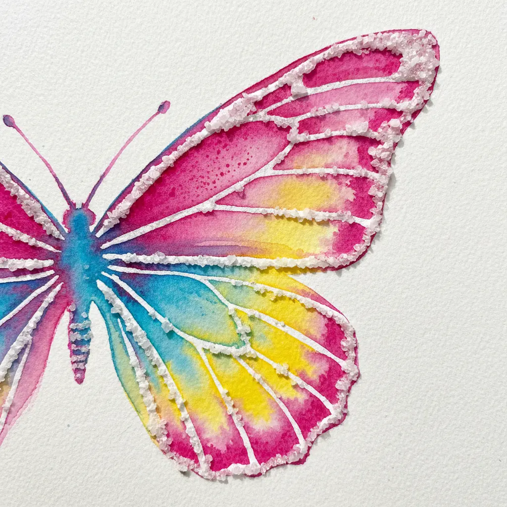 A single butterfly wing outlined in salt, filled with intricate patterns and colored with bright watercolors that spread through the salt crystals.