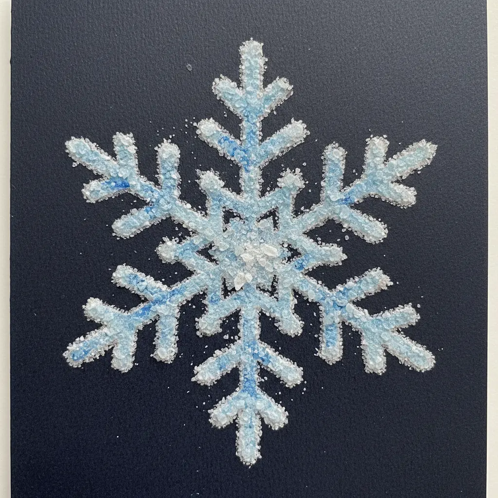 A snowflake shape made of salt on dark blue paper, colored with white and light blue watercolors that give a frosty, crystalline appearance.