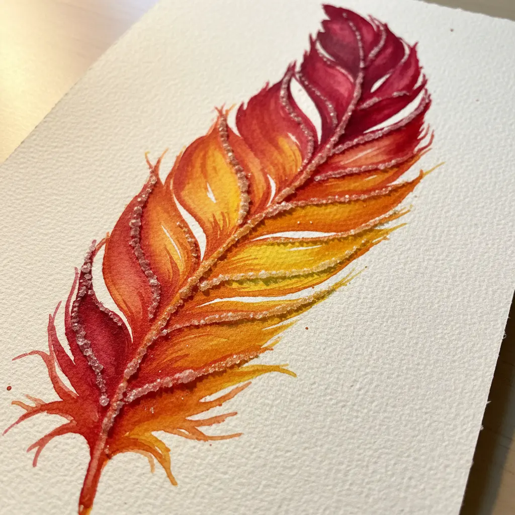 An abstract feather shape created with salt lines, colored with fiery red, orange, and yellow watercolors that bleed together like flames.