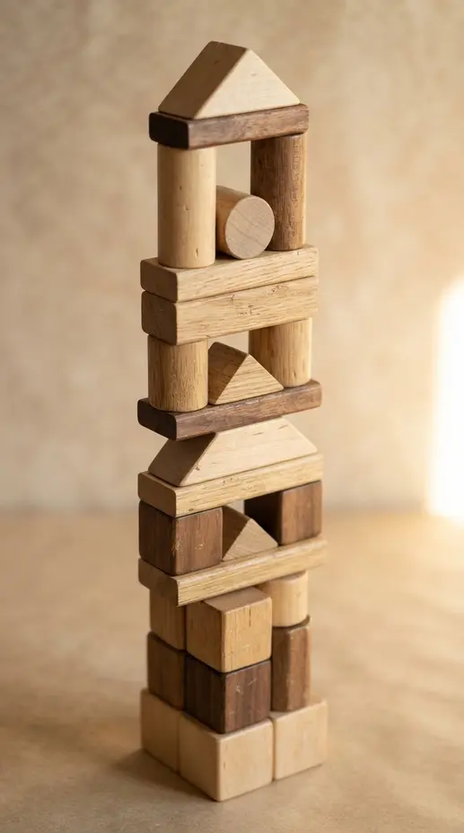 A tall, stable tower built by a child, following a pattern card showing a sequence of square and rectangular blocks.