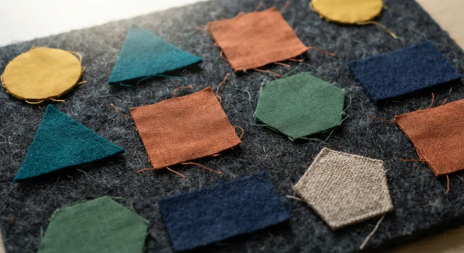 A felt-covered board with various colored fabric shapes like ovals and diamonds stuck to its surface.