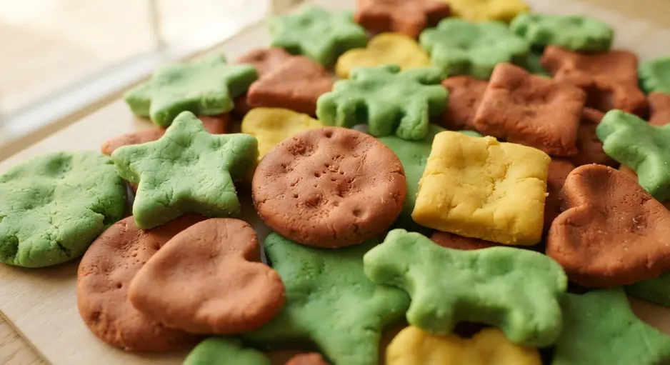 A top-down view of a child rolling out green playdough and pressing a star-shaped cookie cutter into it.