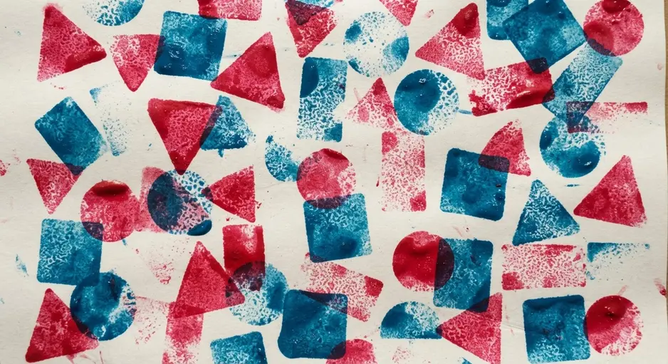 A piece of paper covered in red and blue square and circle prints made from damp, cut sponge pieces.